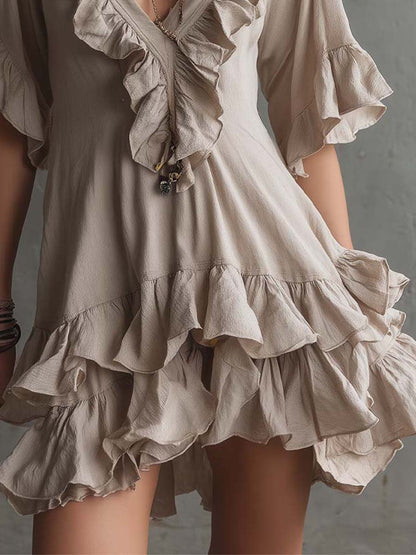 Bohemian Vintage Ruffled Cotton Mini Dress