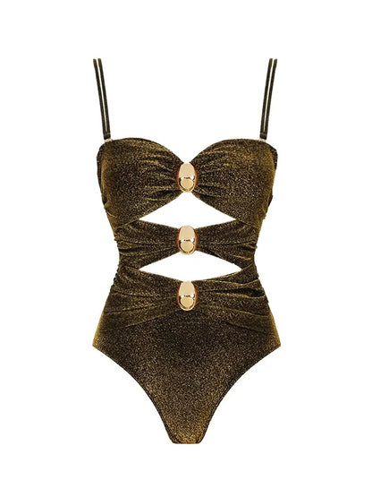 Gold Buckle Cutout Glossy One Piece Swimsuit Set