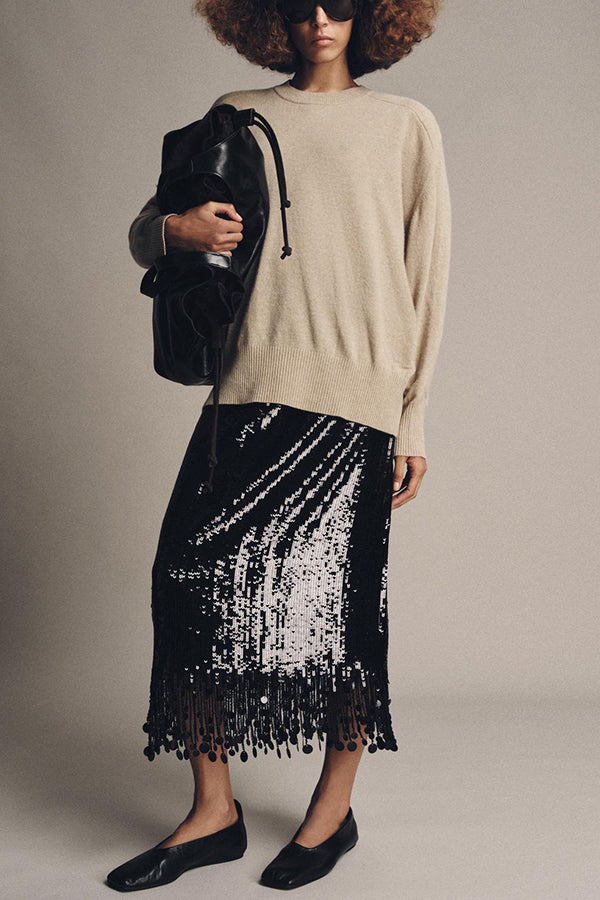 City Queen Sequin Tassel Round Pieces High Rise Back Zipper Midi Skirt