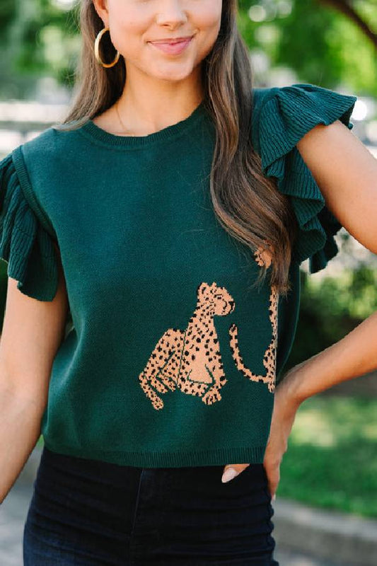 In The Wild Hunter Green Cheetah Sweater