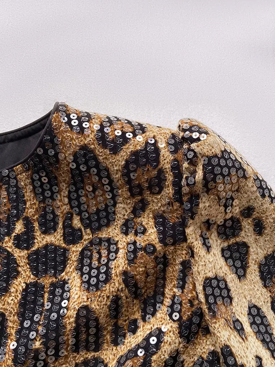 Fashion Leopard Print Sequin Long Sleeve Cropped Open Front Jacket