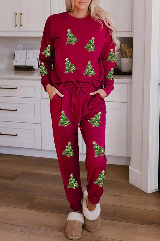 Casual Party Santa Claus Christmas Tree Candy Sequins Lace Up O Neck Long Sleeve Two Pieces