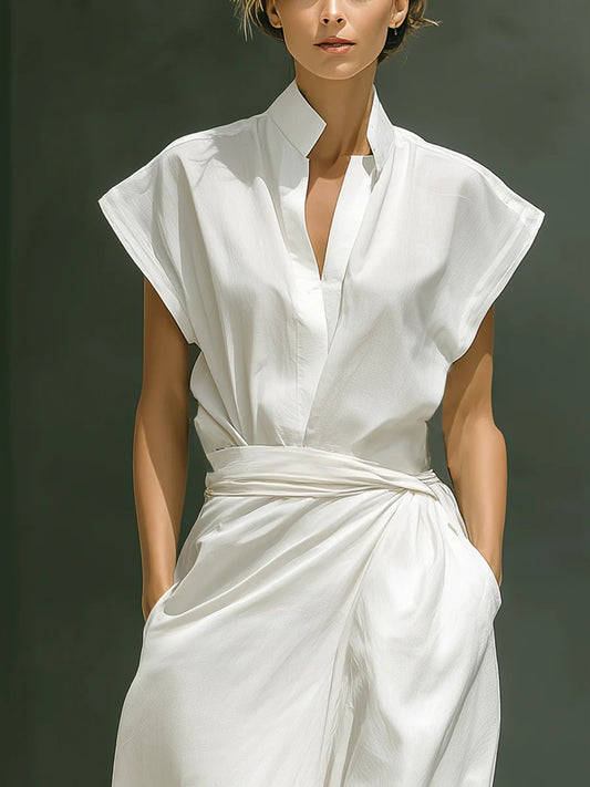 sheenchic Daily White V Neck Waistcoat Pocket Casual Two Piece Skirt Sets [Pre-Order]