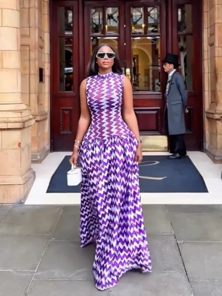 Purple Zigzag Print Maxi Dress