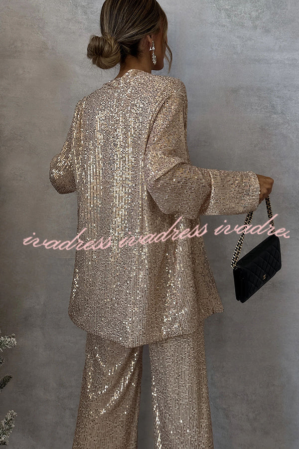 Party Scene Sequin Open Front Long Sleeve Drape Coat