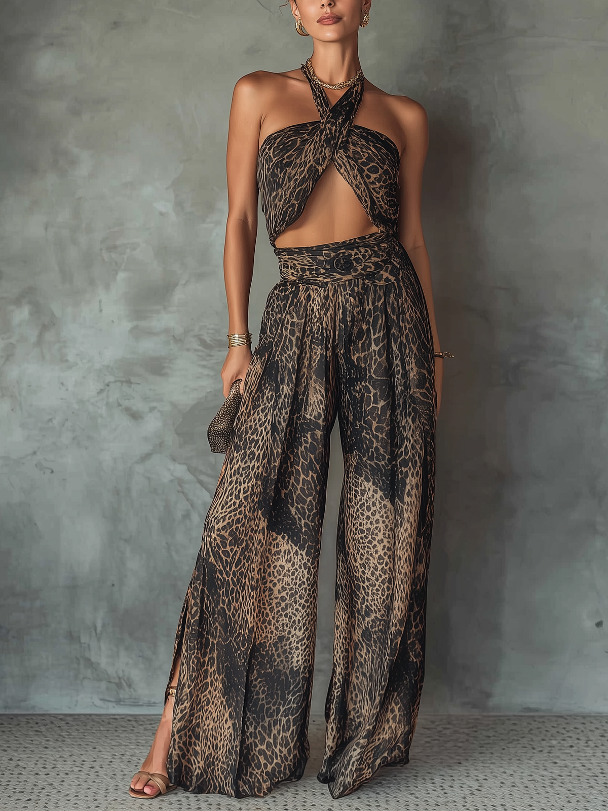 Halter-Neck Wide-Leg Jumpsuit With Draped Bodice And Exotic Animal Print