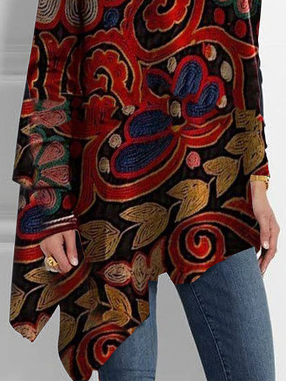 sheenchic Turtleneck Allover Floral Print Asymmetrical Hem Top