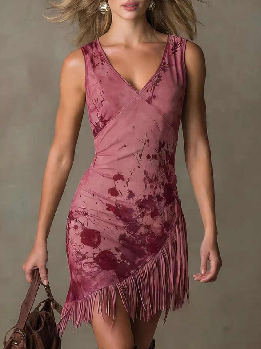 Festival Beige Graphic V Neck Strappy Western Asymmetric Hem Mini Dresses