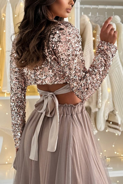 Holiday Party Sequin Long Sleeve Back Satin Tie-up Crop Top