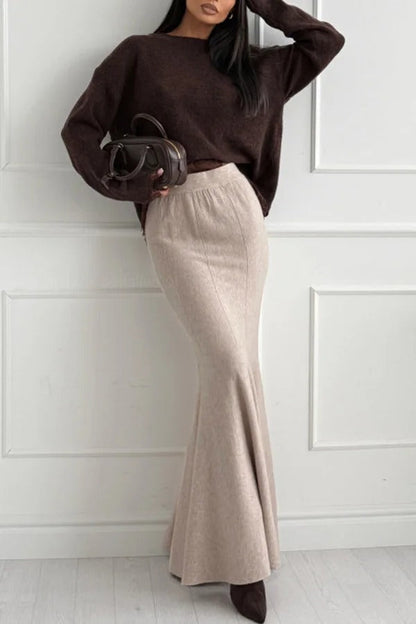 Caitlin Knit Stretch Fabric High Waist Fishtail Casual Maxi Skirt