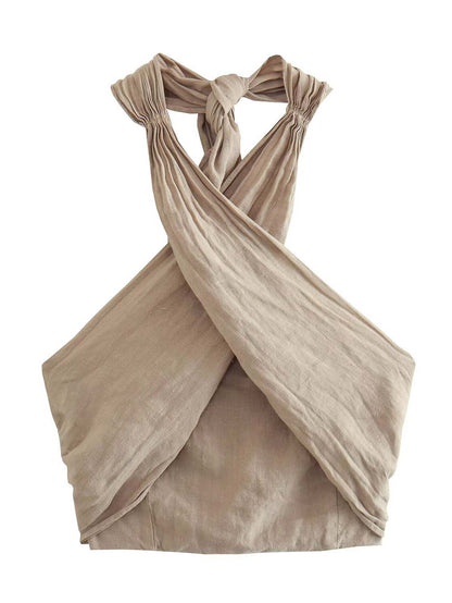 Cross Halter Tank Top And Wide Leg Pants Suit-Tank Top