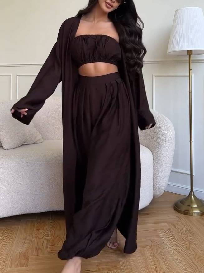 Tube Top Wide Leg Pants and Shawl Three-piece Set