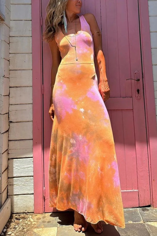 Summer Adventures Tie-dye Print Back Lace-up Stretch Maxi Dress