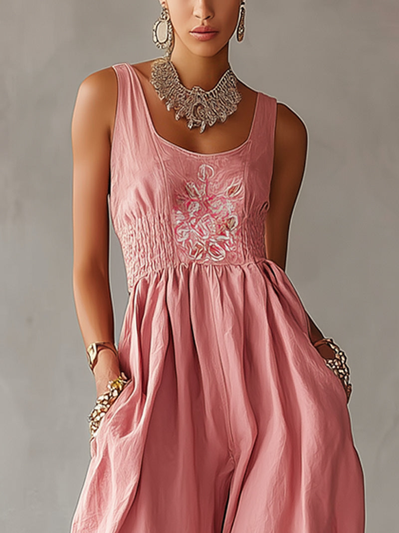 Pink Embroidered Sleeveless Wide-Leg Linen Jumpsuit