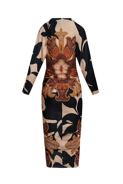 Brazilian Style Unique Print Dolman Long Sleeve Ruched Slit Midi Dress  Vestidos