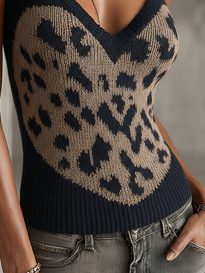 Black Leopard Heart Knit V-Neck Tank Top