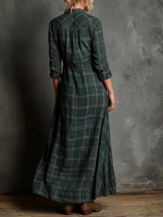 Casual Dark Green Plaid Shirt Collar Long Sleeve Button Pocket Maxi Dress