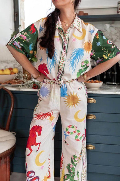 Conjunto de camisa holgada de manga corta y pantalón con cintura elástica con estampado único de Bohemia Beauty