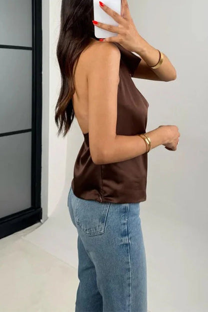 Chic Halter Cowl Neck Sleeveless Satin Top