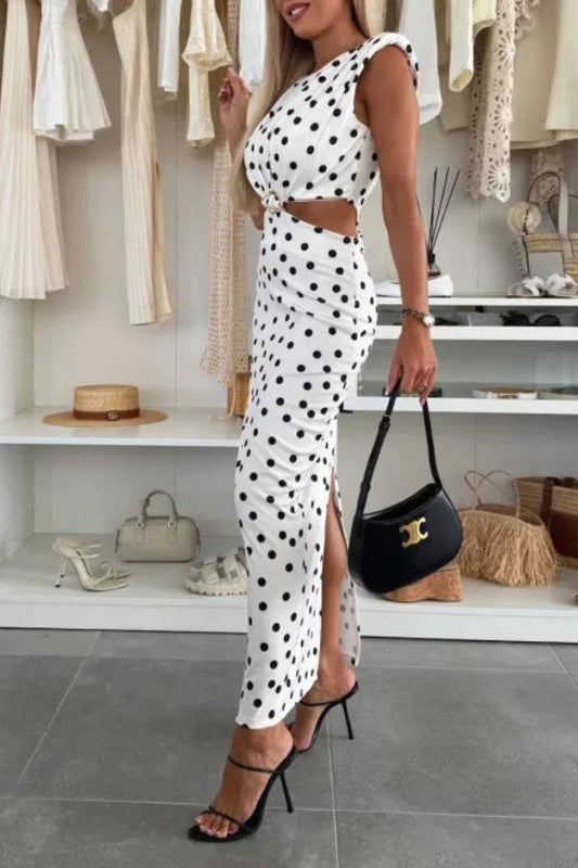 Roxane Polka Dot Print Shoulder Pad Metal Cutout Waist Slit Stretch Maxi Dress