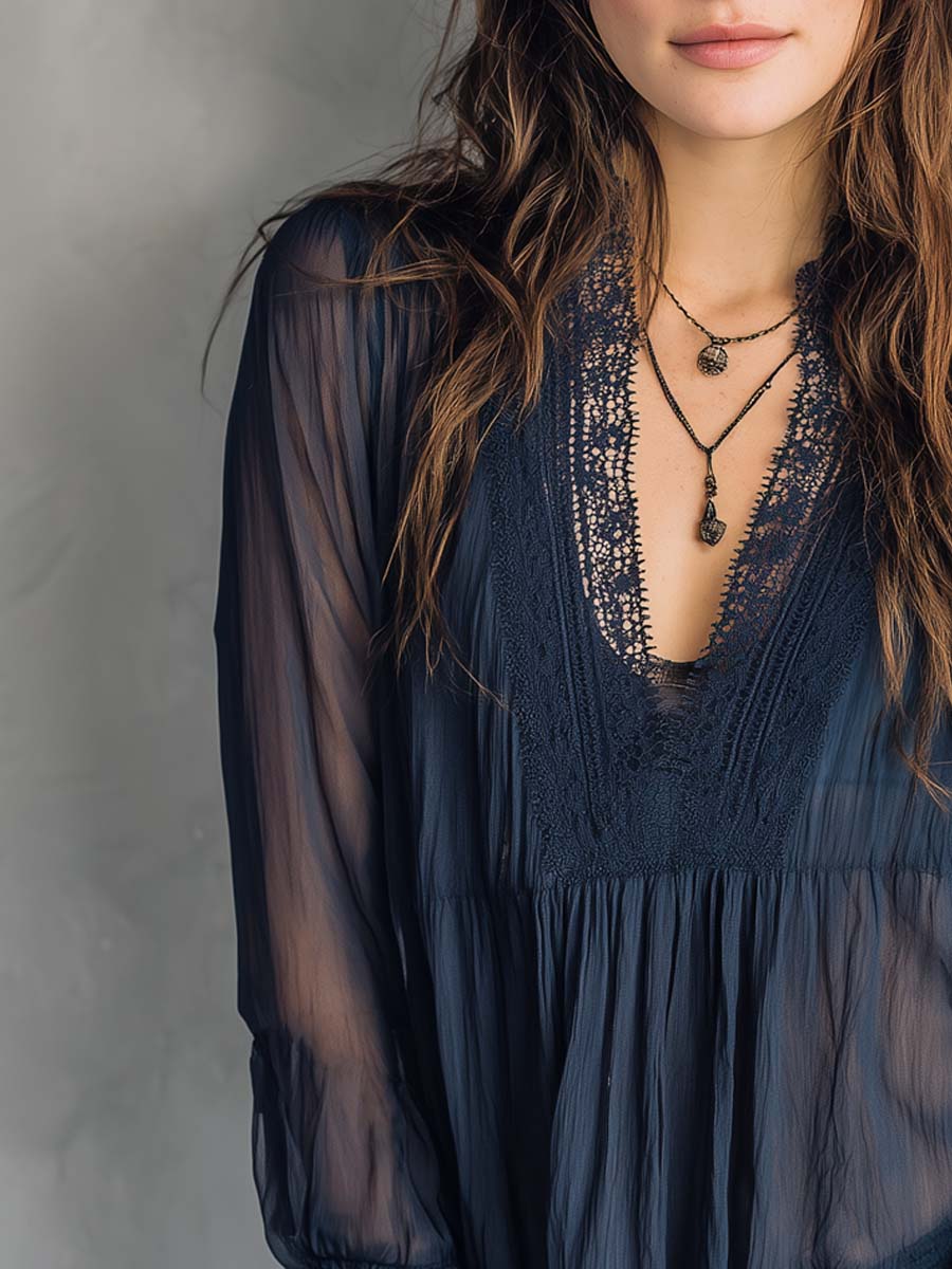 sheenchic Daily Mesh Royal Blue V Neck Long Sleeve See Through Vintage Ruffled Lace Blouses [Pre-Order]