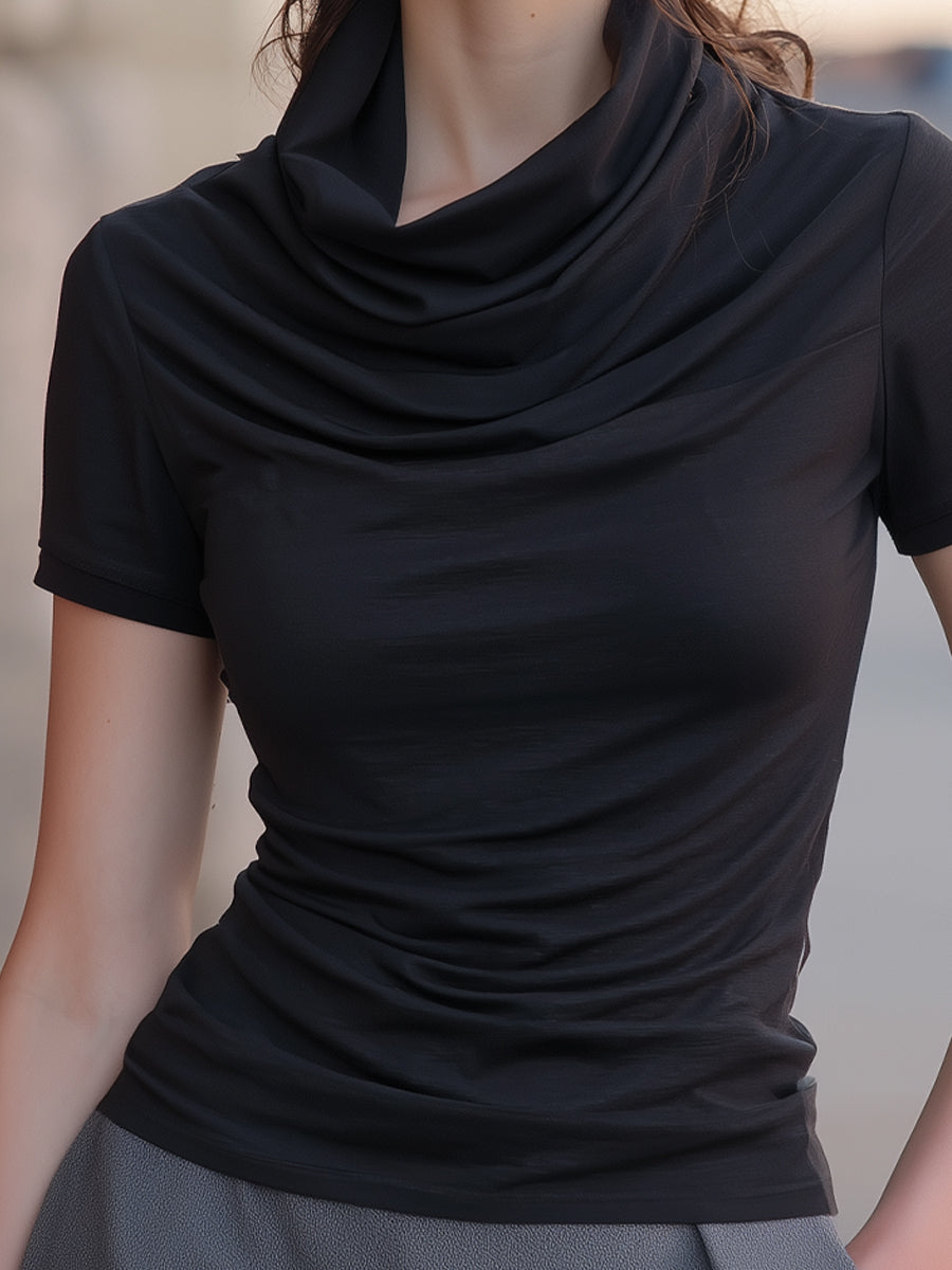 Draped Cowl-Neck Fitted Short-Sleeve T-Shirt