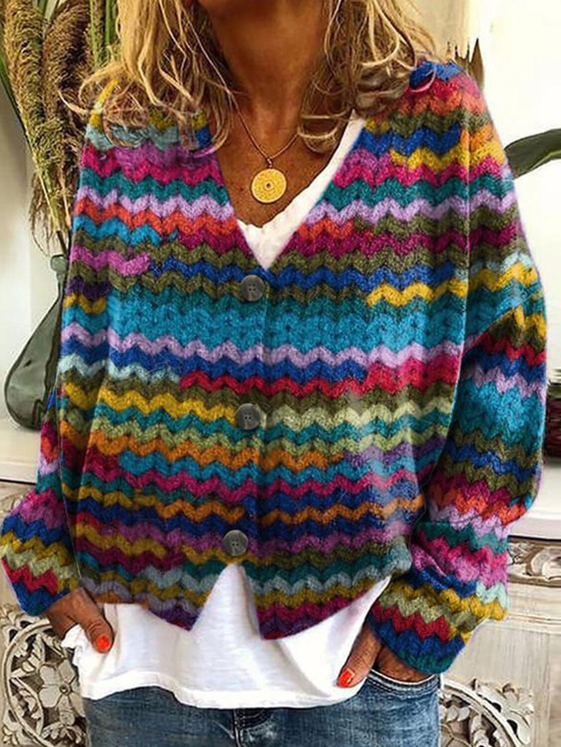 Casual Floral Pattern Three Button Knit Sweater Cardigan