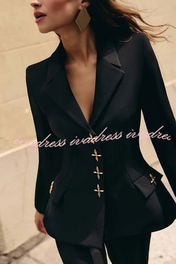 Women Power Metal Cross Snap Button Long Sleeve Lapel Blazer