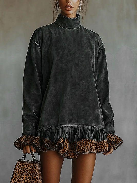 Daily Grey Leopard High Collar Long Sleeve Contrast Vintage Chamois Mini Dresses