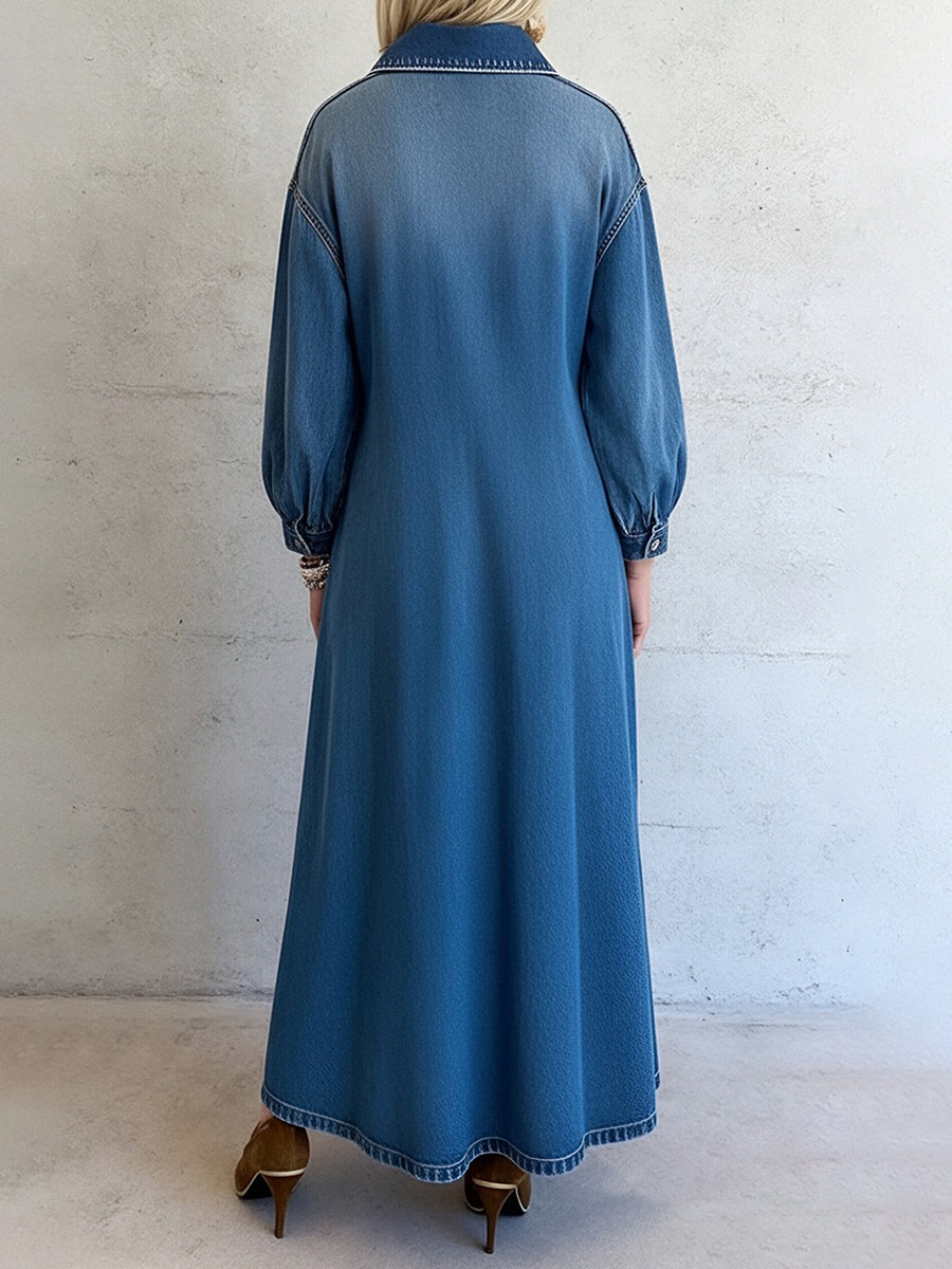 sheenchic Daily Blue Shirt Collar Lantern Sleeve Long Sleeve Pocket Casual Denim Maxi Dresses [Pre-Order]