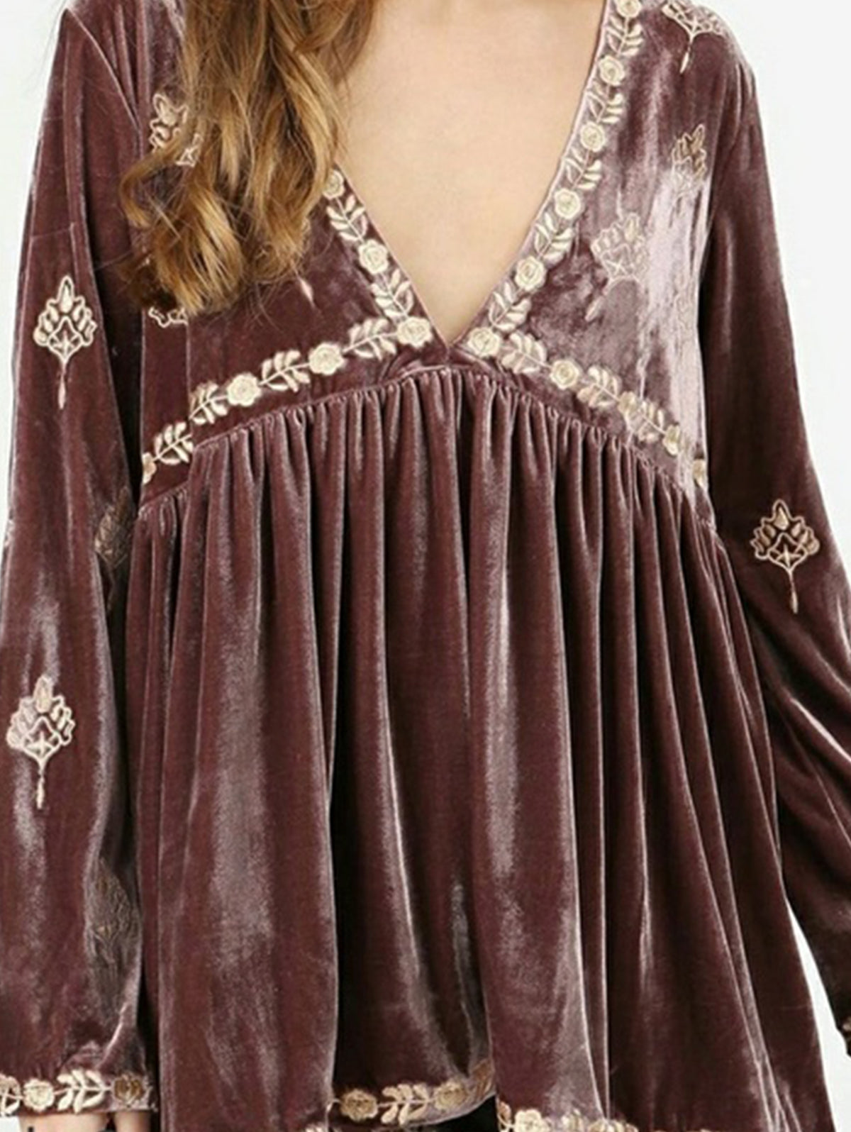 Daily Floral Deep V Neck Ruffled Velvet Blouse