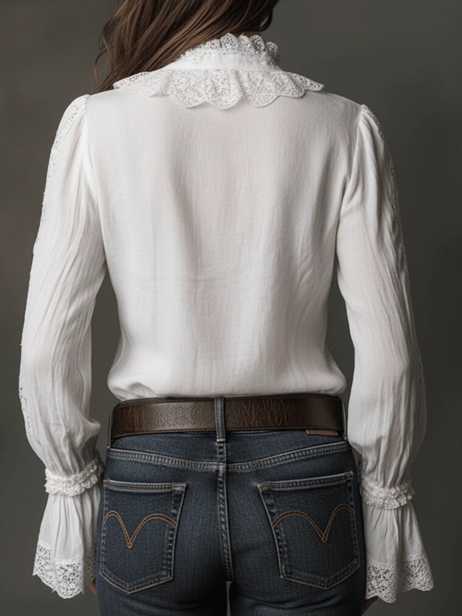 Daily White Stand-Up Collar Flare Long Sleeve Ruffle Casual Contrast Lace Blouses