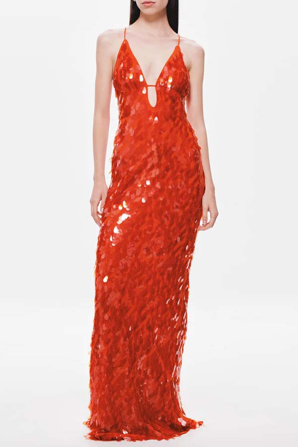 Reshape Beauty Fish Scale Sequin Cutout U-neck Slip Maxi Dress