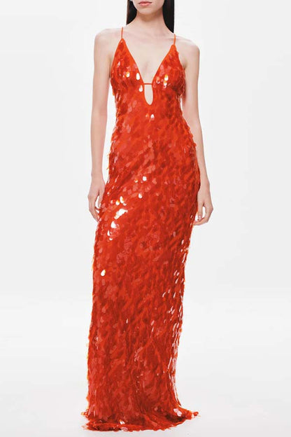 Reshape Beauty Fish Scale Sequin Cutout U-neck Slip Maxi Dress