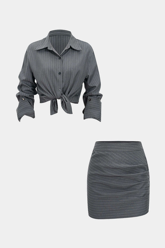 Stripes Print Button Long-Sleeve And Ruched Mini Skirt Set