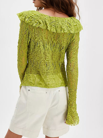 sheenchic Daily Sage Green V Neck Long Sleeve Ruffle Casual Lace Blouses