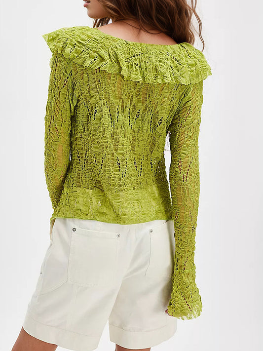sheenchic Daily Sage Green V Neck Long Sleeve Ruffle Casual Lace Blouses
