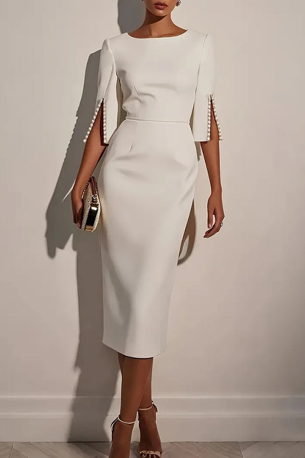 Solid Color Elegant Round Neck Half Sleeve Beaded Decorated Slim Fit Midi Dress