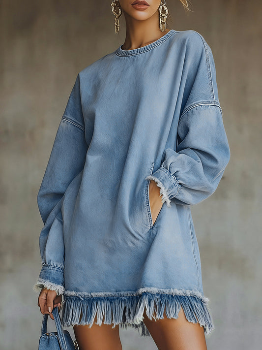 sheenchic Daily Blue Round Neck Long Sleeve Strappy Casual Trimmings Denim Mini Dresses