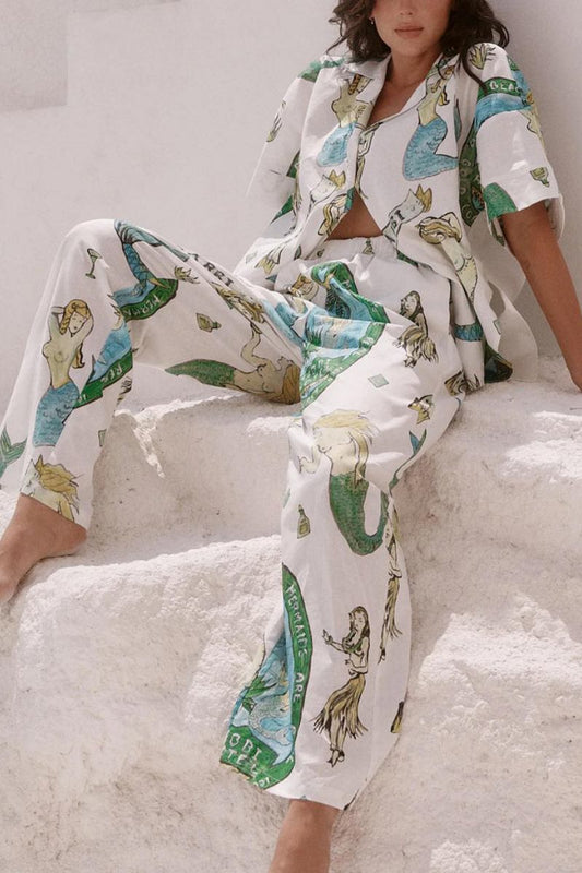 Mermaid Print Short-Sleeved Shirt And Wide-Leg Pants Two-Piece Set