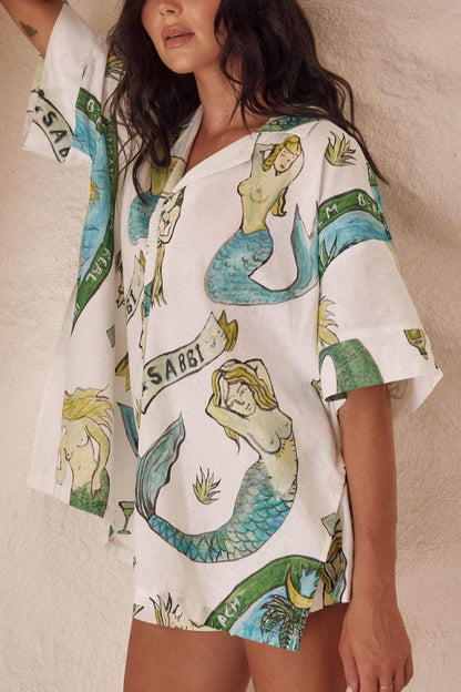 Holiday Mermaid Print Loose Shorts Two-Piece Set