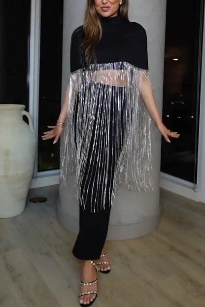 New Level Shiny Tassel Stand Neck Crop Cape Blouse