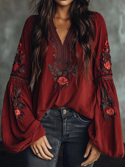 Vacation Burgundy Floral V Neck Lantern Sleeve Long Sleeve Contrast Vintage Linen Blouses