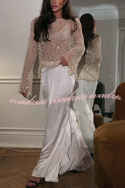 Fashion Sequined Hollow Long Sleeve Loose Knit Top