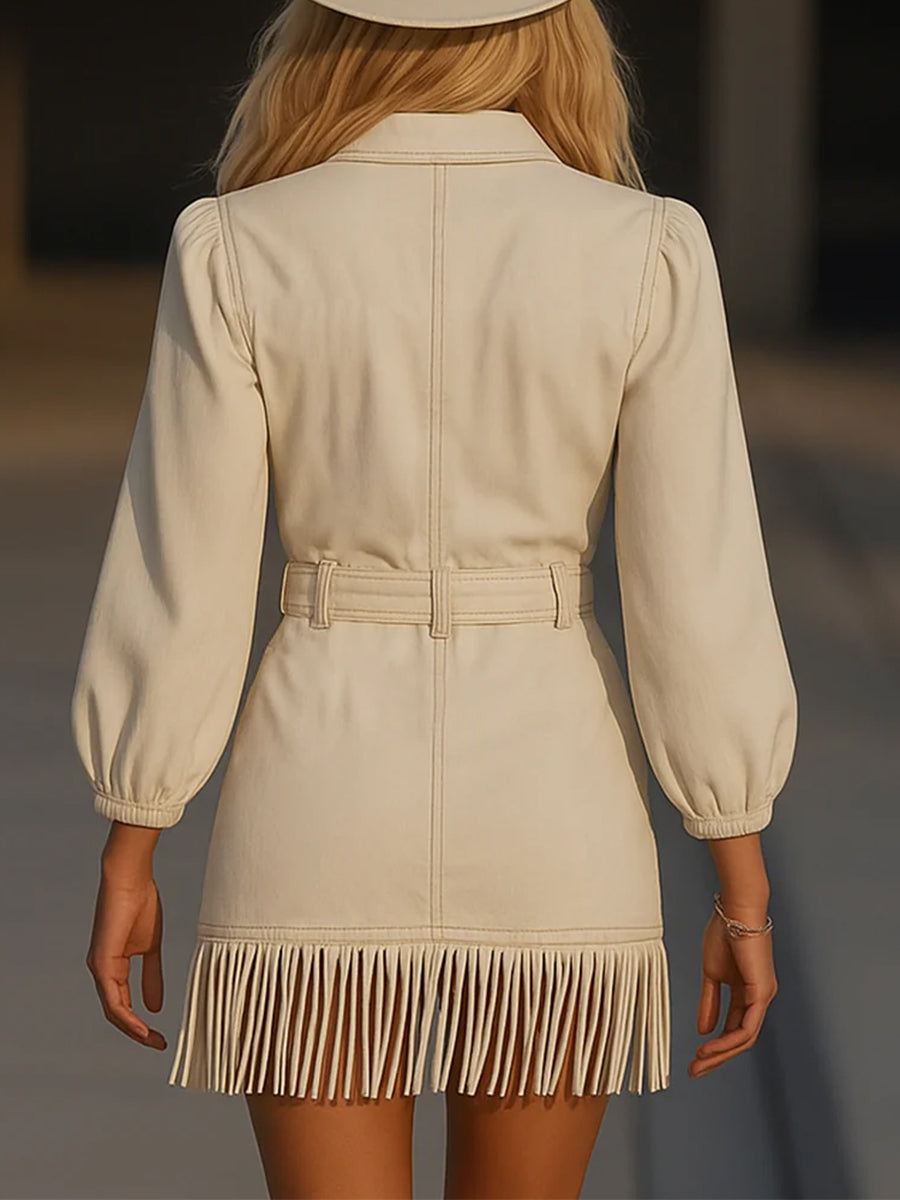 Daily White V Neck Lantern Sleeve Long Sleeve Strappy Vintage Pocket Denim Mini Dresses