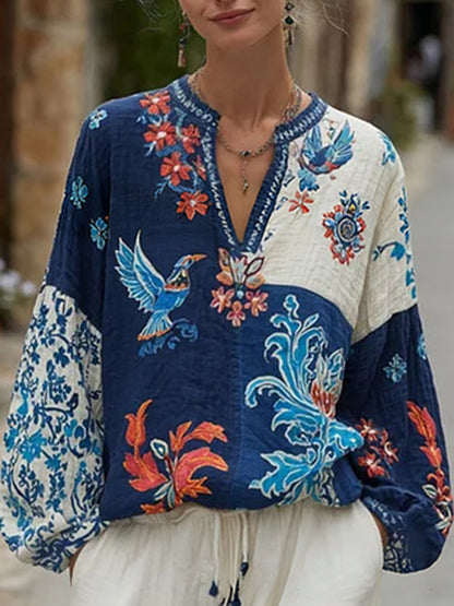 Vacation Burgundy Floral V Neck Lantern Sleeve Long Sleeve Contrast Vintage Linen Blouses