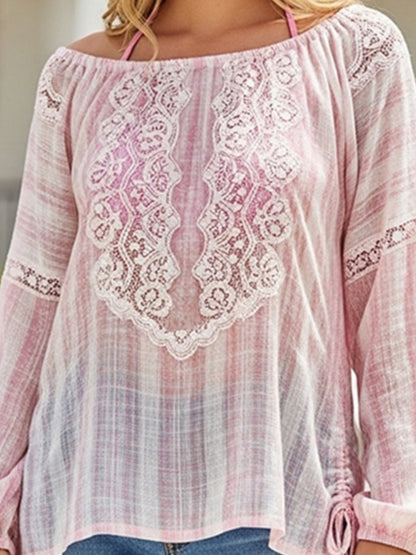 sheenchic Daily Pink Oblique Collar Long Sleeve Contrast Casual Ruched Lace Blouses [Pre-Order]