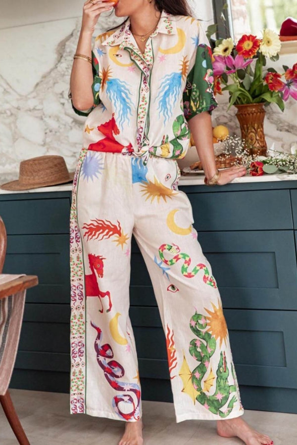 Conjunto de camisa holgada de manga corta y pantalón con cintura elástica con estampado único de Bohemia Beauty