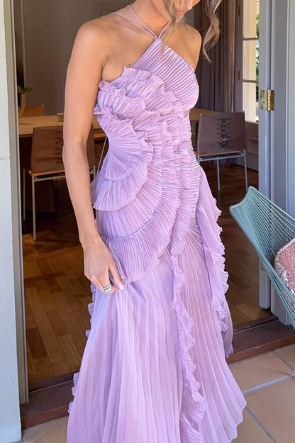 Vestido largo estilo nenúfar con pliegues y volantes estilo halter Dream Ode 