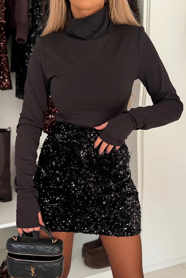 Polished Uptown Velvet Sequin High Rise Elastic Waist Mini Skirt